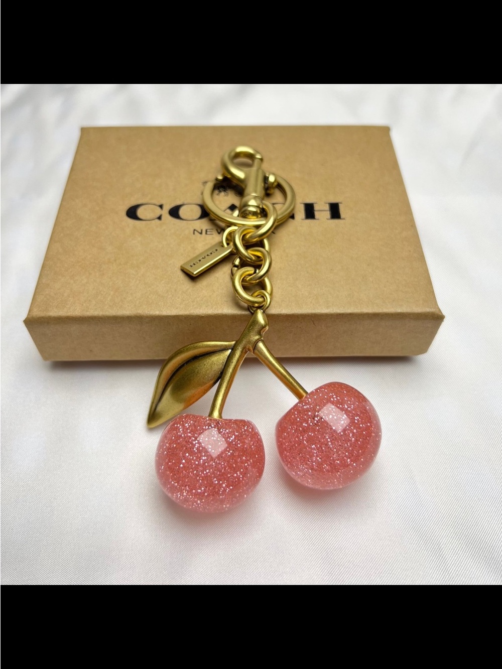 COACH Pink Glitter Cherry Key Charm with Gold Hardware - Picture 3 of 7